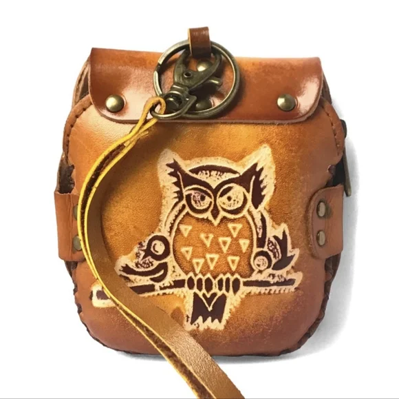 LAST ONE! Handmade Handcrafted Genuine Leather Owl Wristlet Coin Purse - Picture 3 of 8